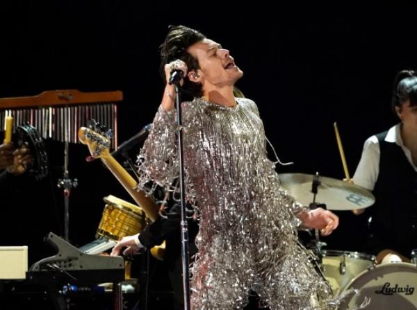 FILE - Harry Styles performs at the 65th annual Grammy Awards in Los Angeles on Feb. 5, 2023. The singer was hit in the eye by a projectile during a co<em></em>ncert in November of 2022. (AP Photo/Chris Pizzello, File)