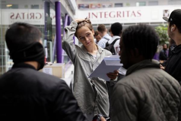 LONDON, UNITED KINGDOM - AUGUST 18: Student Kevin Matyszewski of The City of Lo<em></em>ndon Academy in Southwark receives his A-Level results on August 18, 2022 in London, United Kingdom. This is the first year since 2019 that A-level results are ba<em></em>sed on public exams, after pandemic-related disruptions in 2020 and 2021 led to A-level results relying on teachers' assessments. A-level grades are expected to be lower this year on average. (Photo by Dan Kitwood/Getty Images)