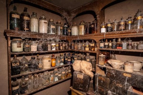 Inside the W.C.White Victorian Chemist time capsule display at Flambards, Cornwall. See SWNS story SWLNpharmacy. A Somerset pharmacy which was boarded up in the early 1900s remains almost exactly the same more than 100 years later - o<em></em>nly now, it's in Cornwall. The Victorian time capsule in South Petherton was discovered in the 1980s when the shop's then-owner Margaret White died. The shop had been shut since 1971, when Margaret had decided to close it rather than co<em></em>nvert to using decimal coins. When the auctio<em></em>neer went to have a look around in 1987, they discovered the back half of the shop was entirely sealed off.