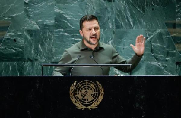 Mandatory Credit: Photo by Jason Szenes/UPI/Shutterstock (14109899f) President of Ukraine Volodymyr Zelenskyy speaks at the UN General Assembly 78th session General Debate in UN General Assembly Hall at the United Nations Headquarters on Tuesday, September 19, 2023 in New York City. 78th UN General Assembly in New York, United States - 19 Sep 2023