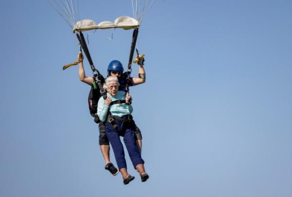 Dorothy Hoffner hopped from a plane with tandem jumper Derek Baxter on October 1