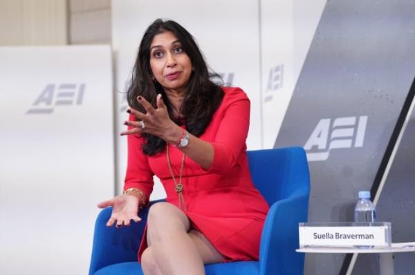 Home Secretary Suella Braverman delivers a keynote address on global migration challenges at the American Enterprise Institute in Washington DC, during her three-day visit to the US. Picture date: Tuesday September 26, 2023. PA Photo. See PA story POLITICS Braverman. Photo credit should read: Stefan Rousseau/PA Wire