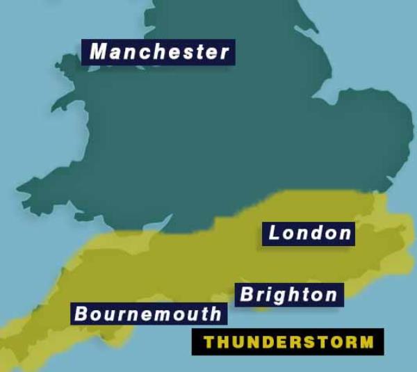 A yellow weather warning for thunderstorms is in place for the whole of southern England, including Lo<em></em>ndon – map