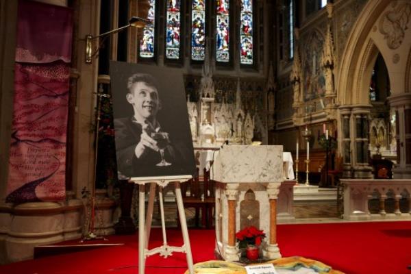 A picture of late Irish singer Shane MacGowan is displayed on the day of his funeral procession, in Tipperary, Ireland, December 8, 2023. REUTERS/Karen Cox