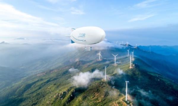 Flying Whales airship over wind turbines on a mountain top