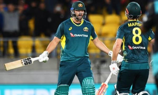 ASB Classic 2024Australia’s Tim David celebrate with teammate Mitchell Marsh, right, after hitting the winning runs during the T20 cricket internatio<em></em>nal between Australia and New Zealand in Wellington, New Zealand, Wednesday, Feb. 21, 2024. (Chris Symes/Photosport via AP)